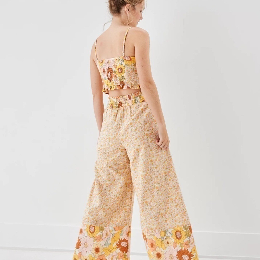 American Eagle Yellow Cotton Linen Floral 2 Piece Set Crop Top Wide Leg Pants XS - Picture 3 of 13